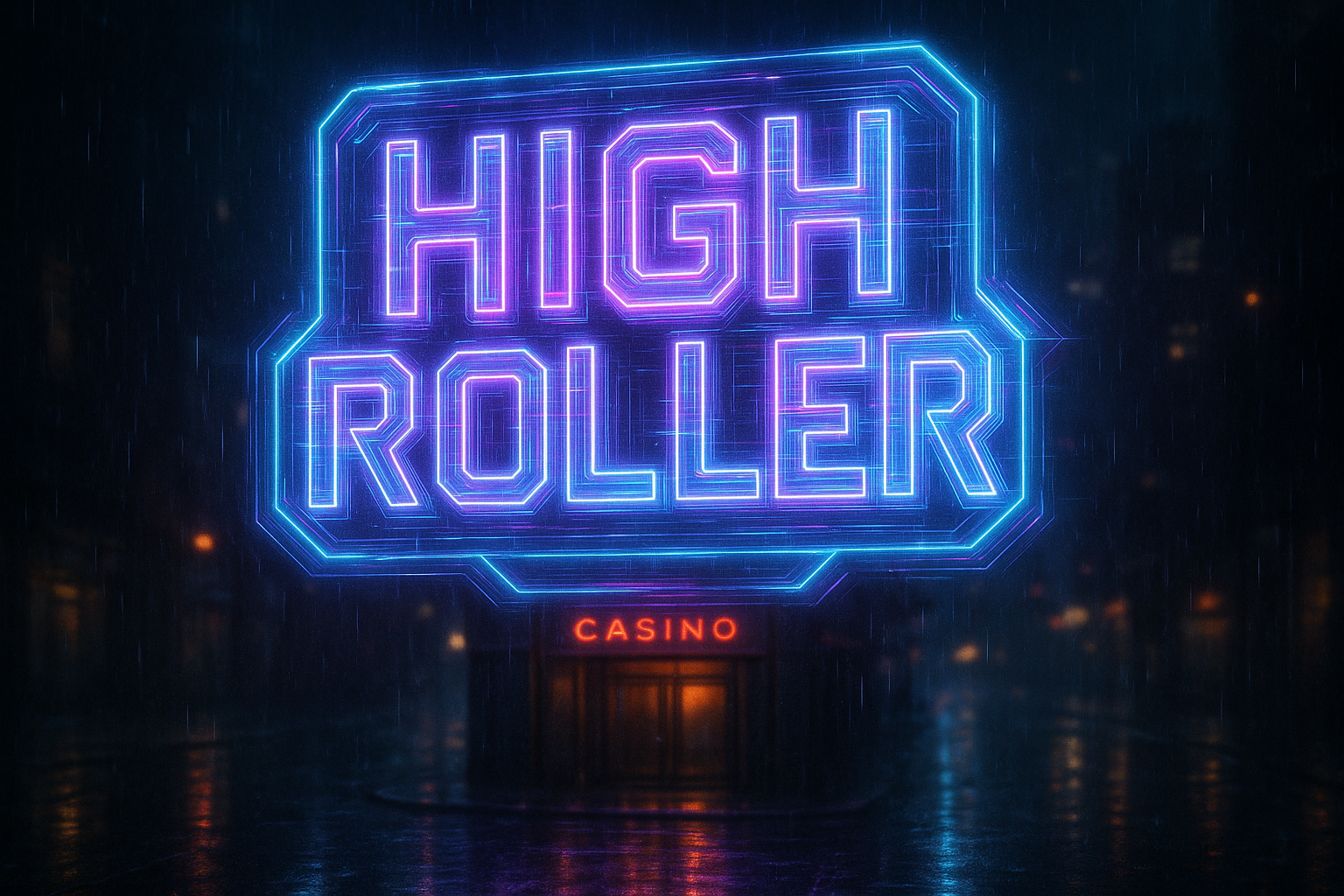 A neon holographic-style sign floating above a casino entrance. The text reads “HIGH ROLLER” in bold cyberpunk typography, glowing with electric purple and cyan neon lights. The tubing looks futuristic with a slight glitch effect. The background features rainy streets, reflections on wet pavement, and a moody cyberpunk city ambiance.